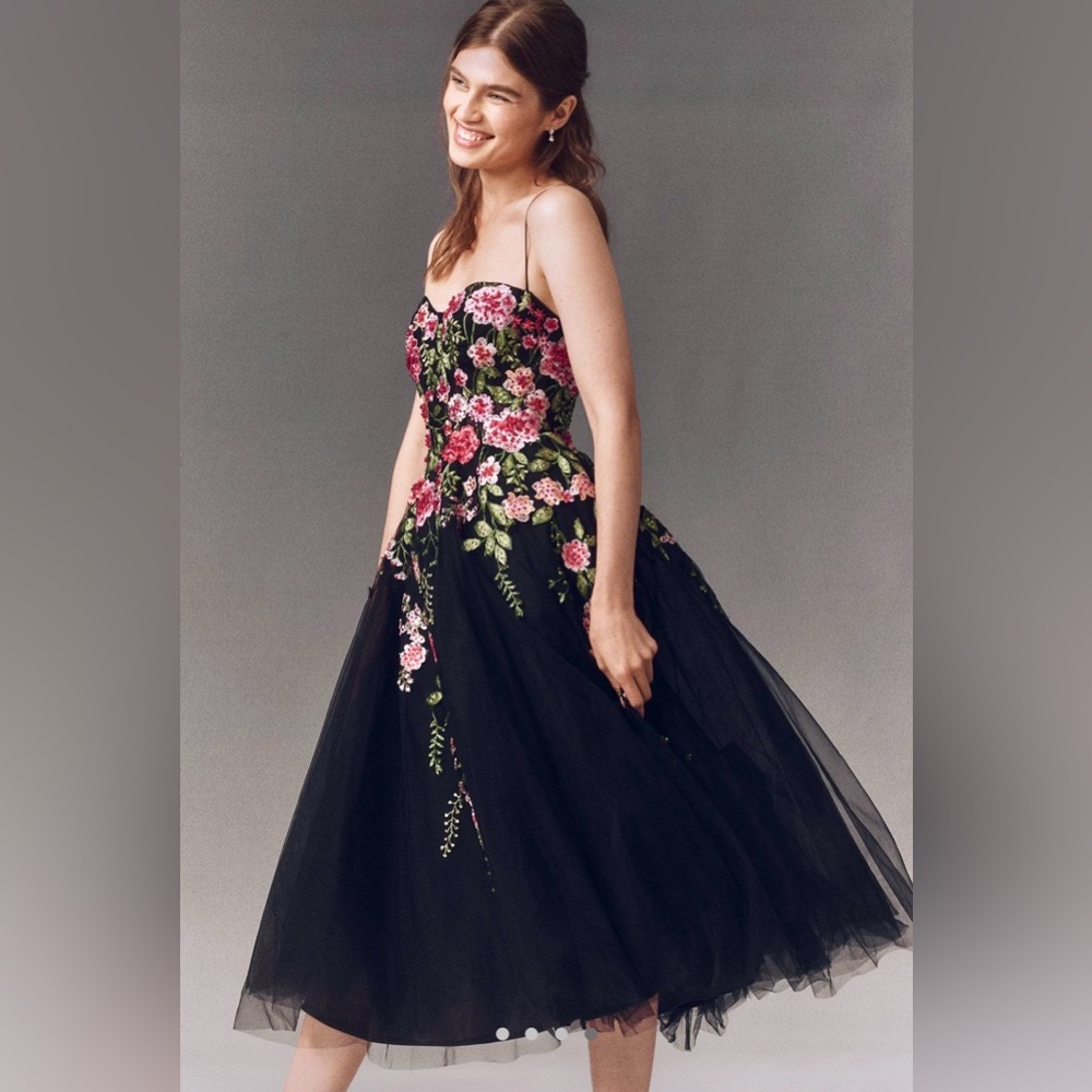 Black Floral Embroidered Strapless Evening Dress